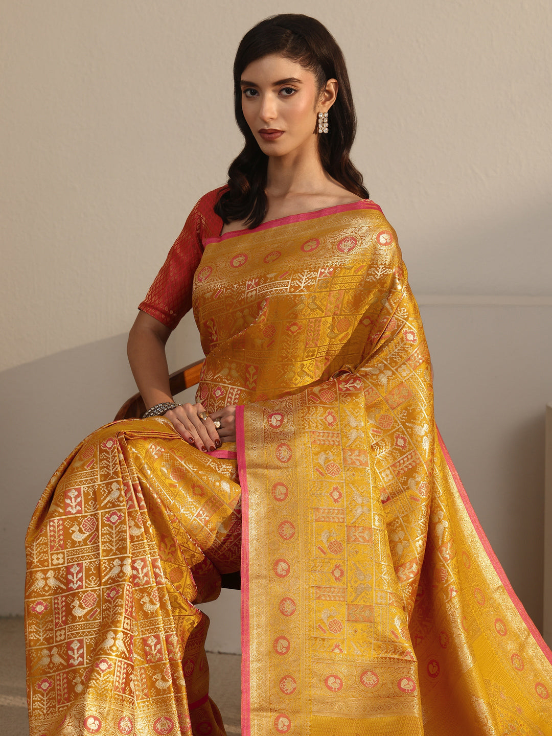  Libas Art Mustard Patola Woven Design Silk Blend Tassel Saree 