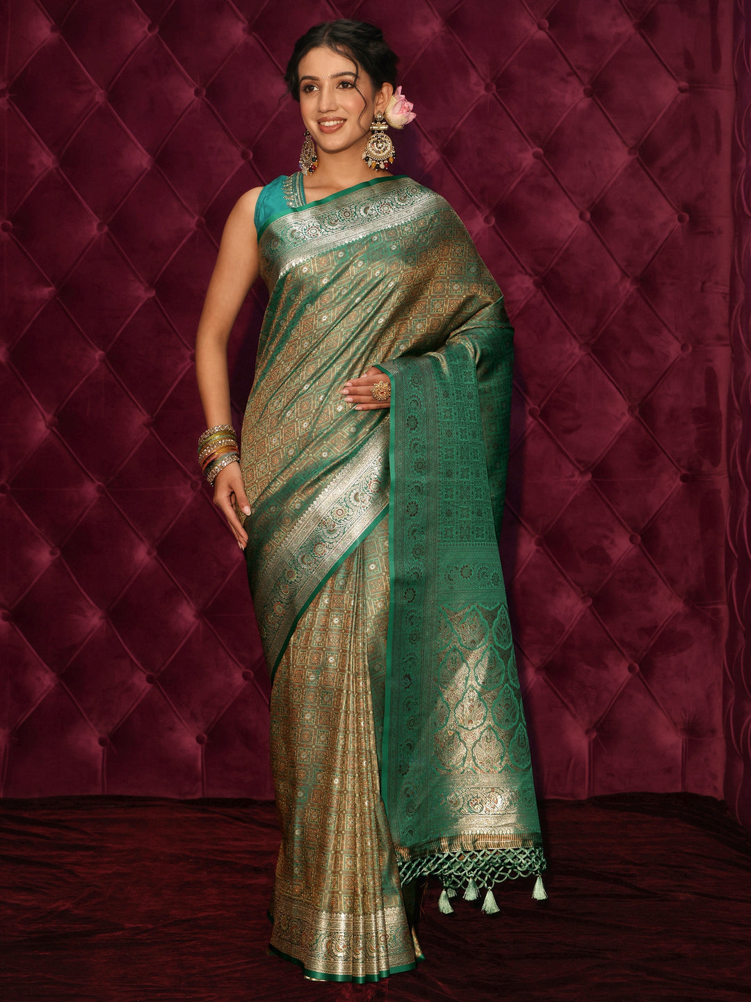  Libas Green Woven Design Silk Blend Tassel Saree 