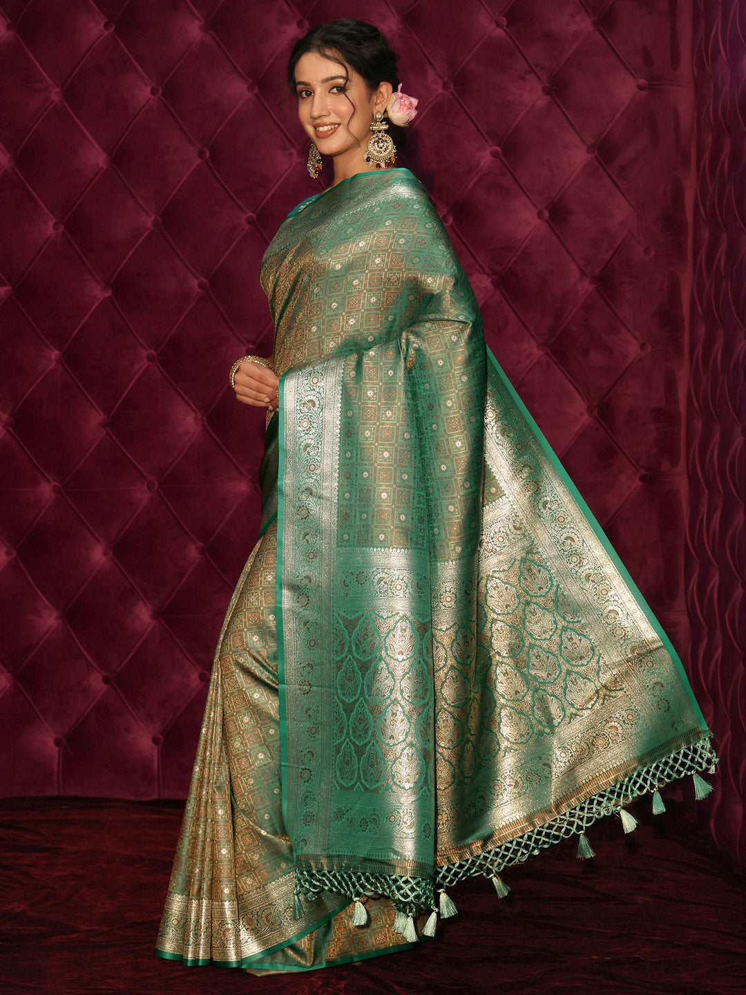  Libas Green Woven Design Silk Blend Tassel Saree 