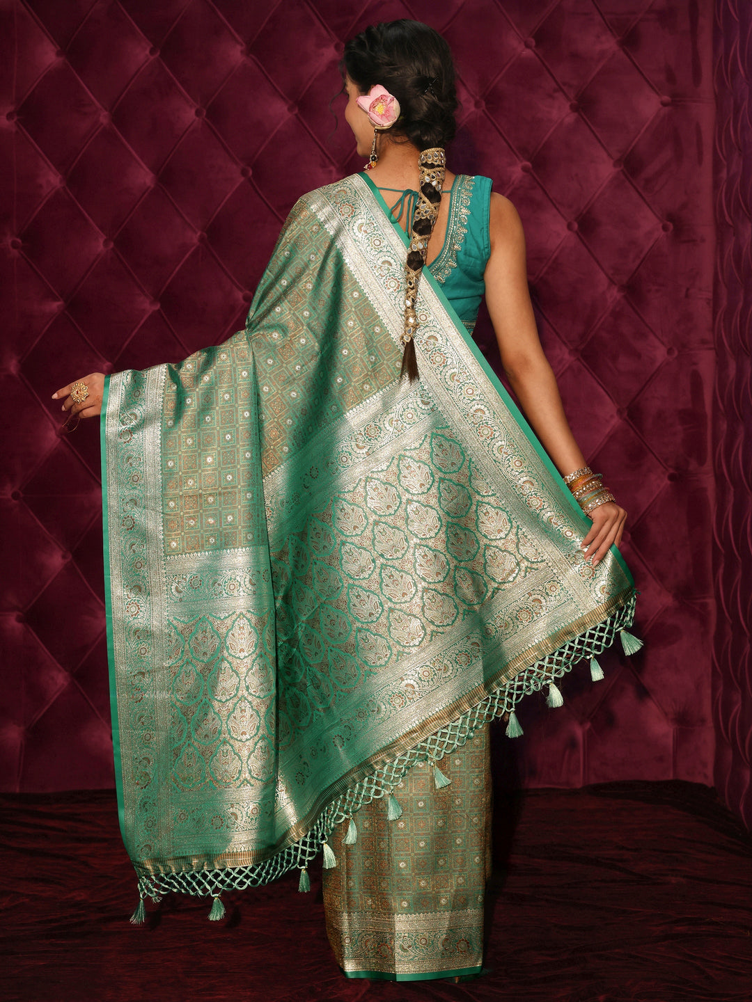  Libas Green Woven Design Silk Blend Tassel Saree 