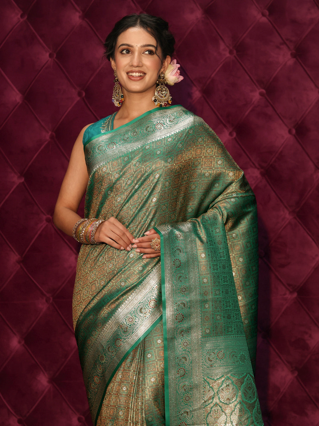  Libas Green Woven Design Silk Blend Tassel Saree 