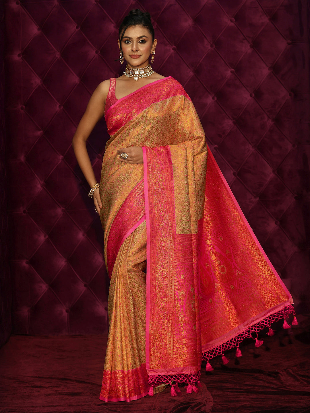 Libas Mustard and Pink Woven Design Silk Blend Tassel Saree 