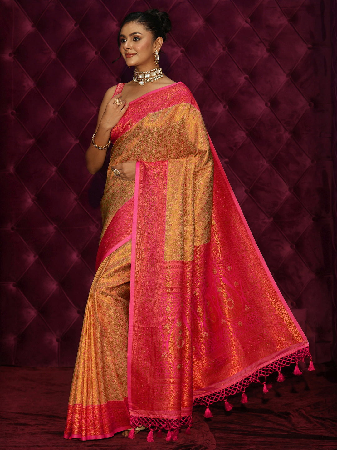  Libas Mustard and Pink Woven Design Silk Blend Tassel Saree 