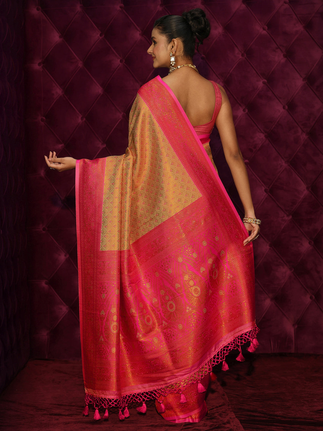  Libas Mustard and Pink Woven Design Silk Blend Tassel Saree 