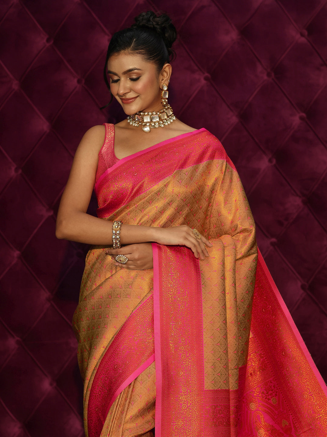  Libas Mustard and Pink Woven Design Silk Blend Tassel Saree 