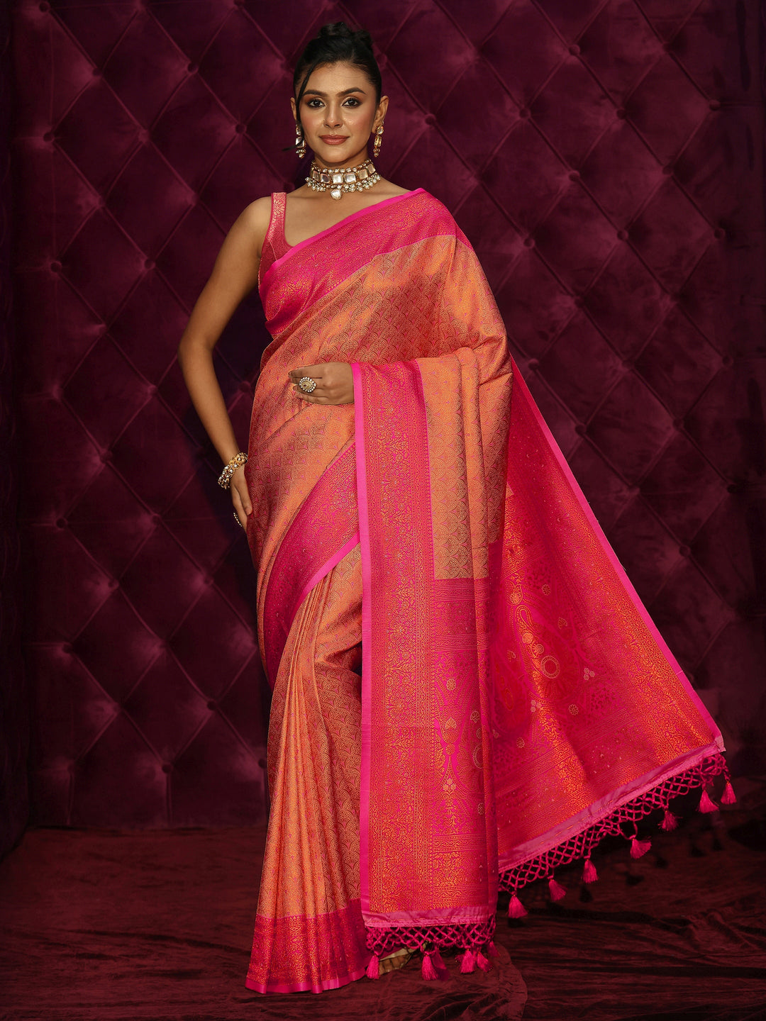  Libas Peach and Pink Woven Design Silk Blend Tassel Saree 