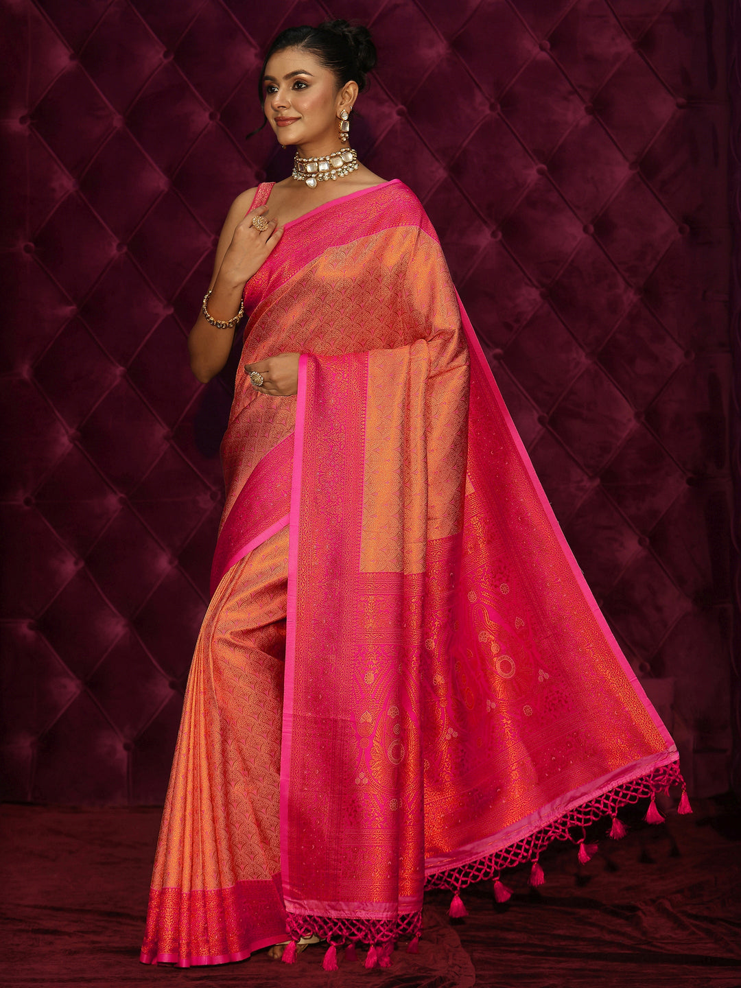  Libas Peach and Pink Woven Design Silk Blend Tassel Saree 