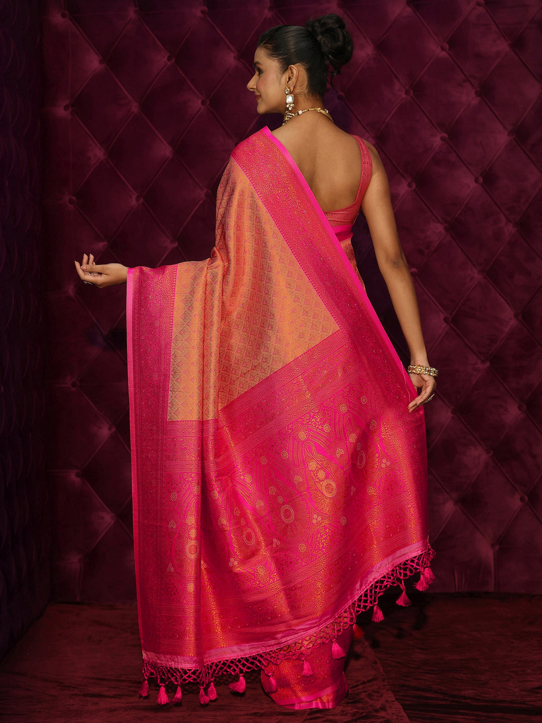  Libas Peach and Pink Woven Design Silk Blend Tassel Saree 