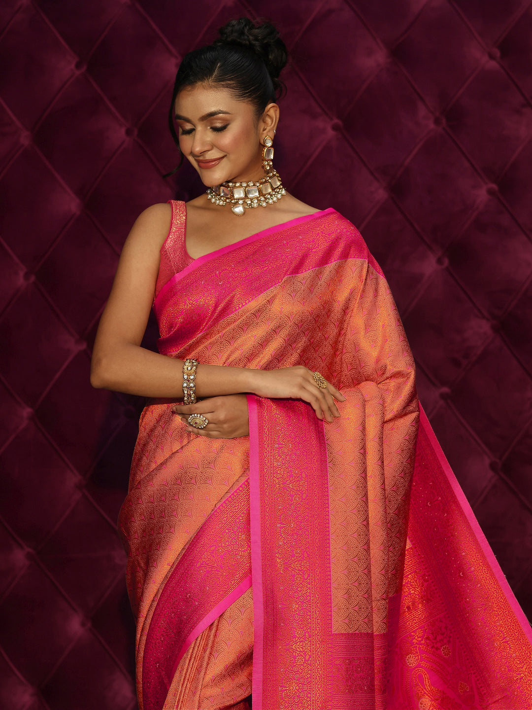  Libas Peach and Pink Woven Design Silk Blend Tassel Saree 