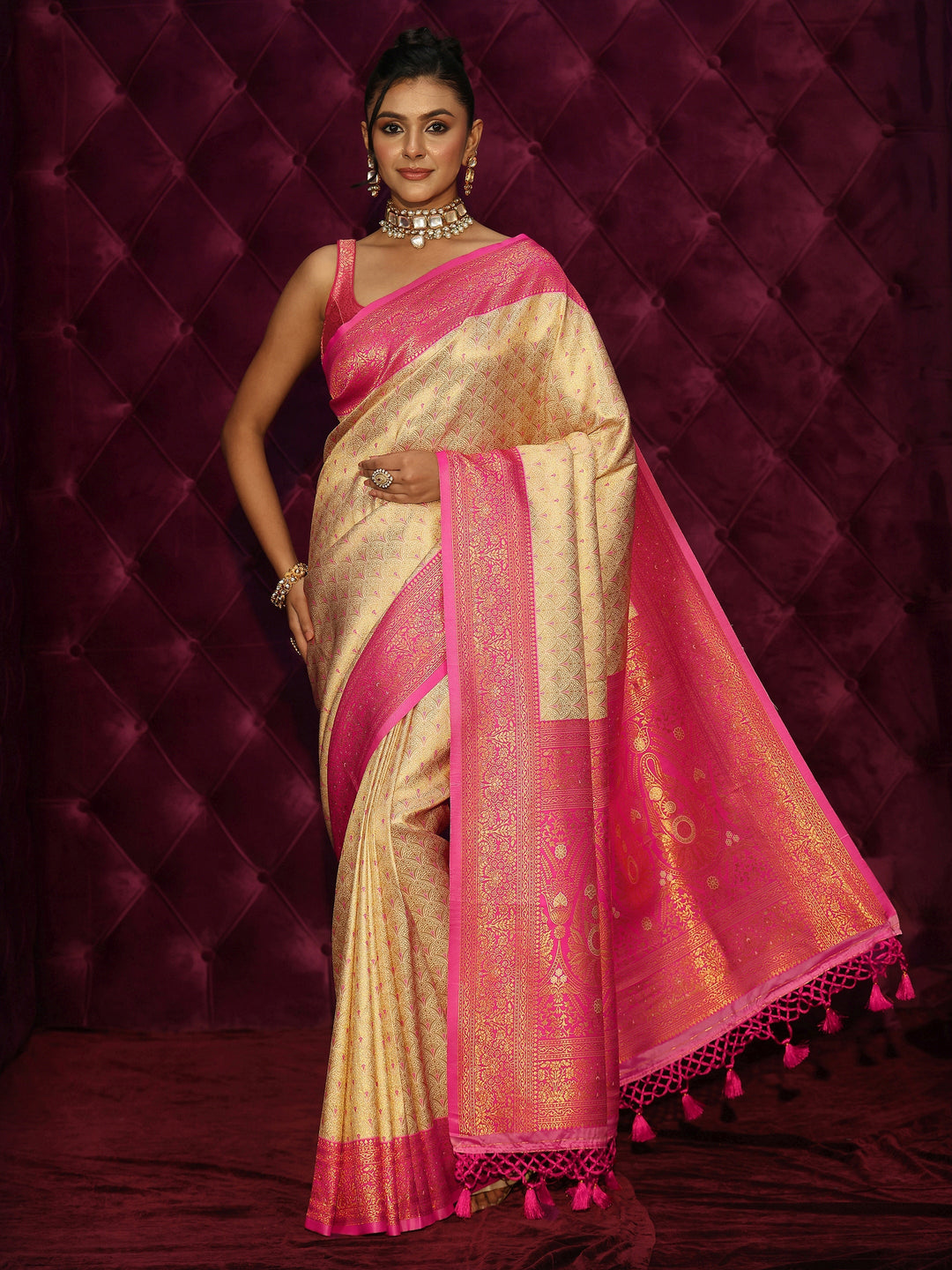  Libas Cream and Pink Woven Design Silk Blend Tassel Saree 
