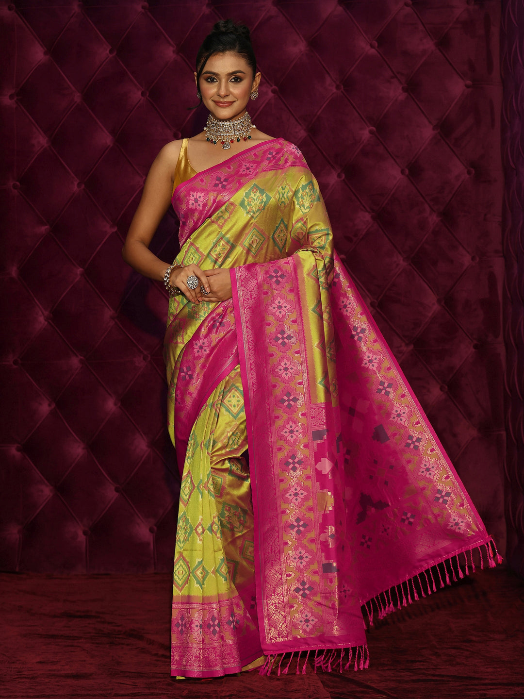  Libas Green and Pink Silk Blend Patola Saree 