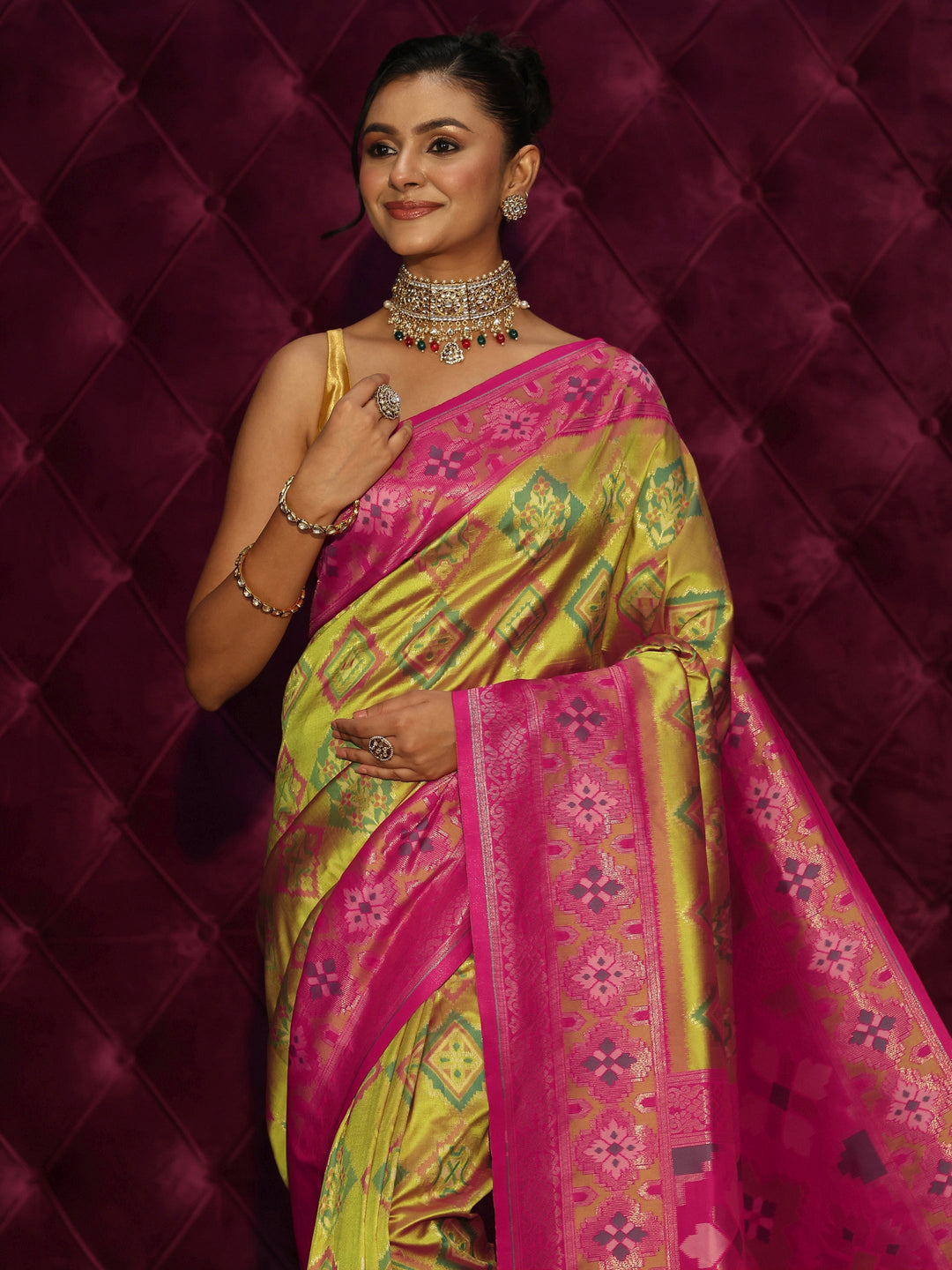  Libas Green and Pink Silk Blend Patola Saree 