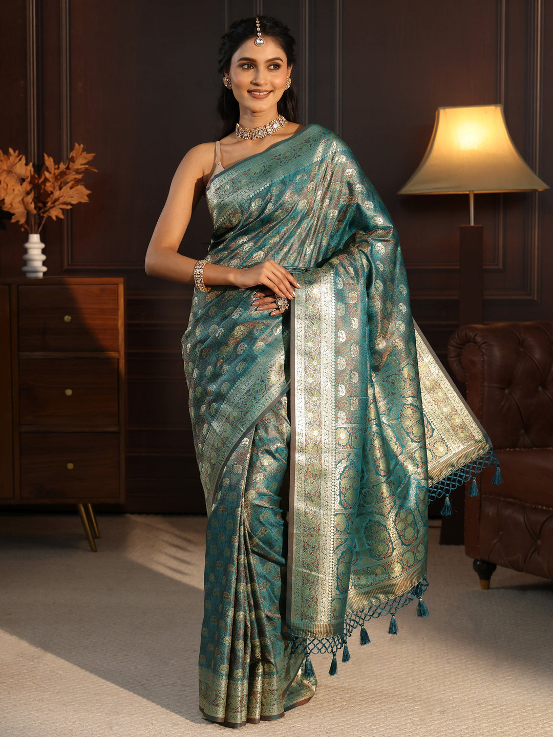  Libas Sea Green Banarasi Silk Blend Tassel Saree 