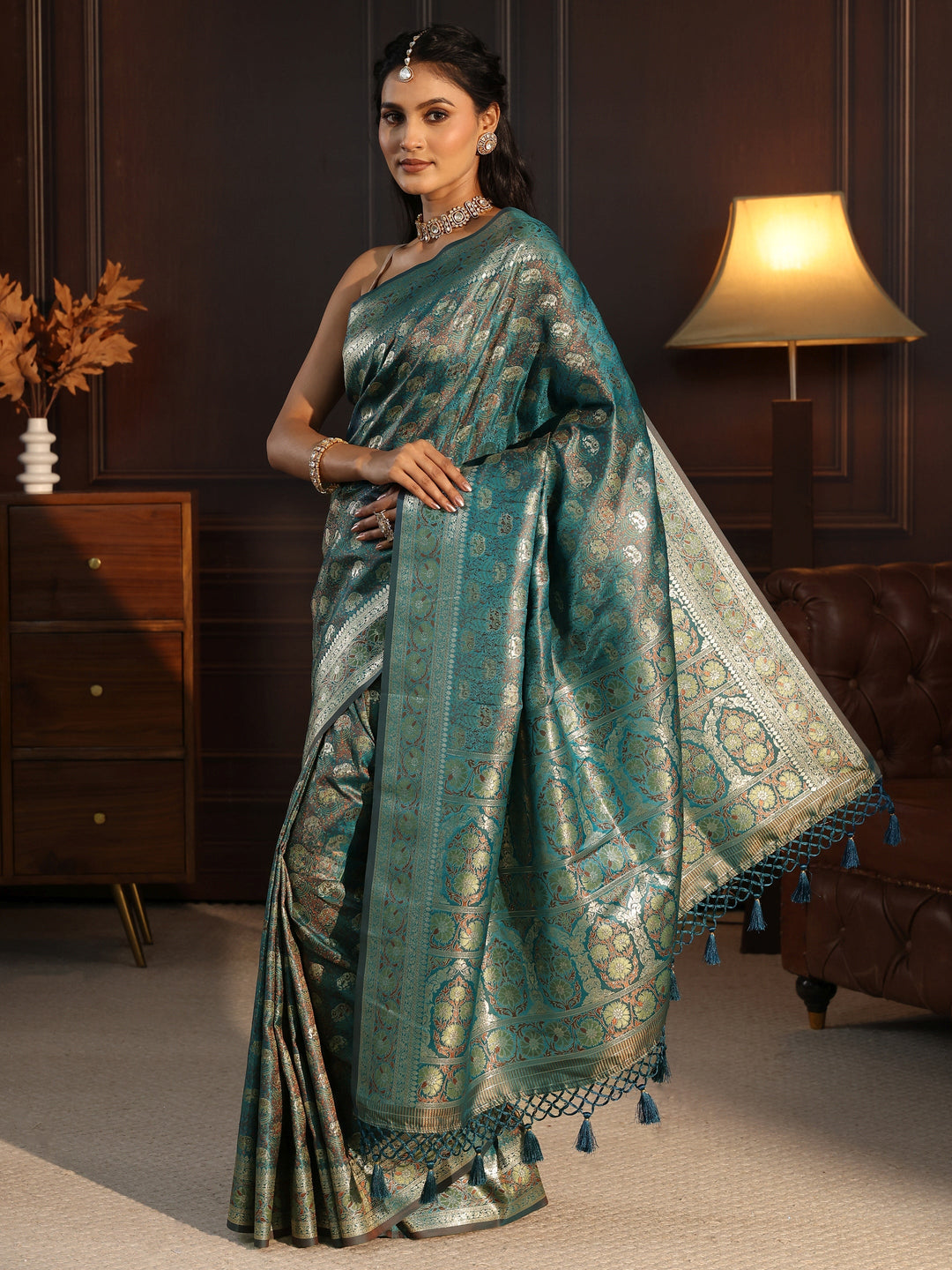  Libas Sea Green Banarasi Silk Blend Tassel Saree 