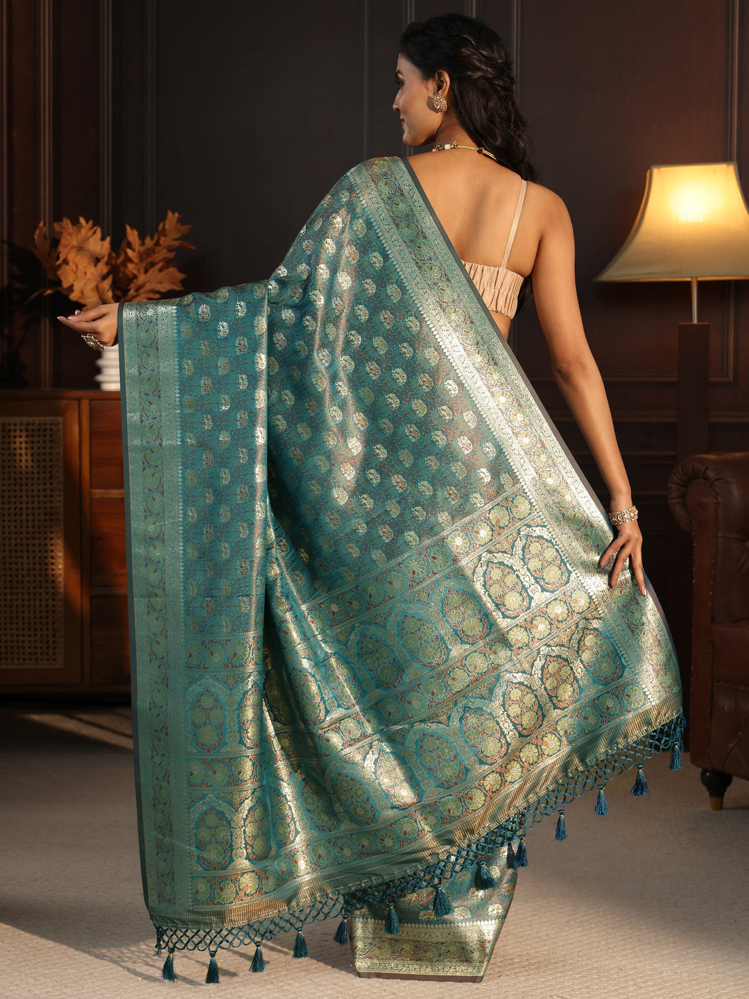  Libas Sea Green Banarasi Silk Blend Tassel Saree 