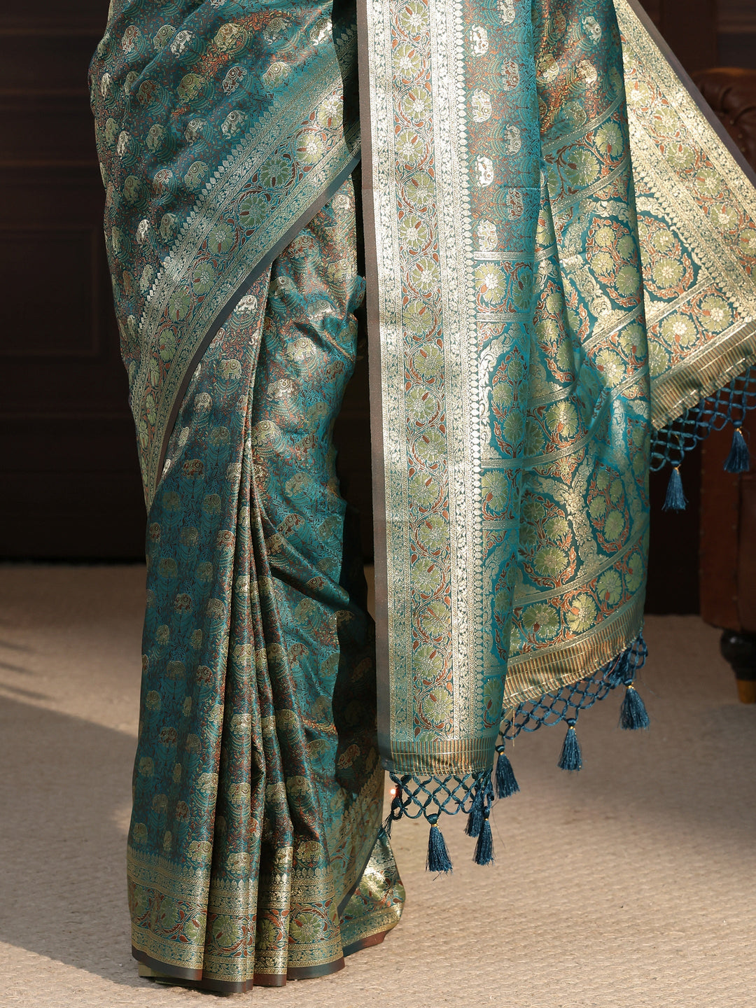  Libas Sea Green Banarasi Silk Blend Tassel Saree 