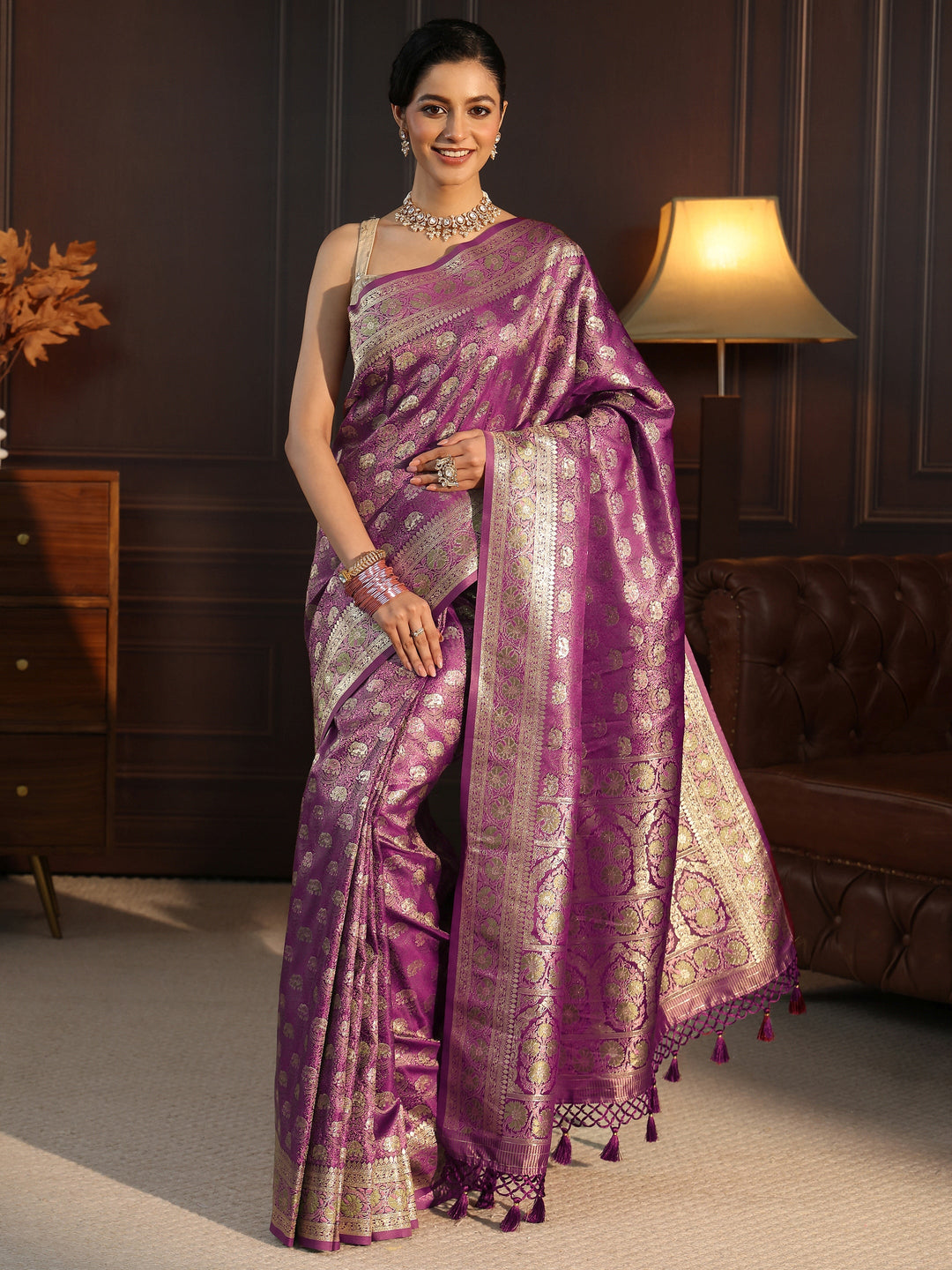  Libas Plum Purple Banarasi Silk Blend Tassel Saree 