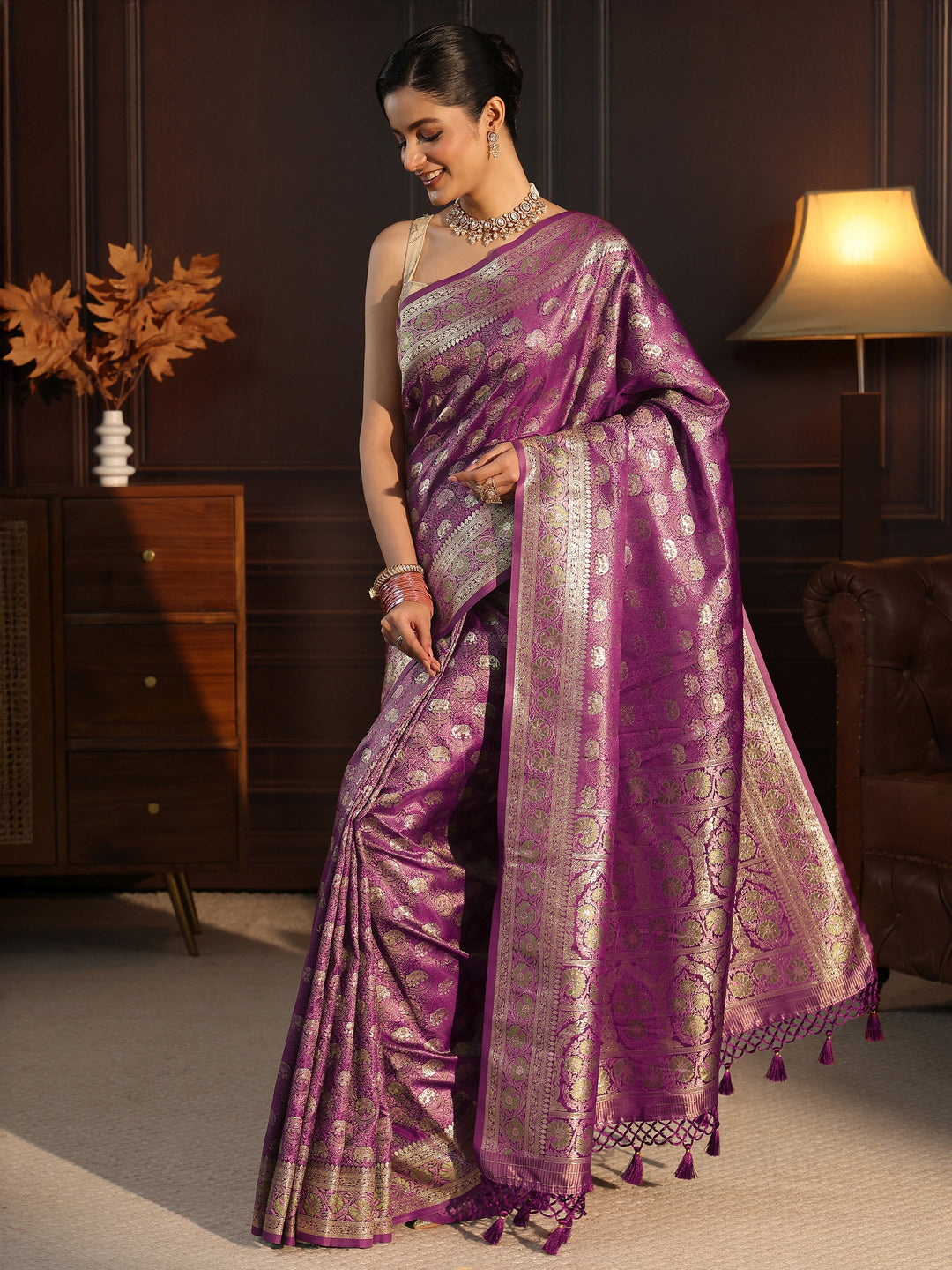  Libas Plum Purple Banarasi Silk Blend Tassel Saree 