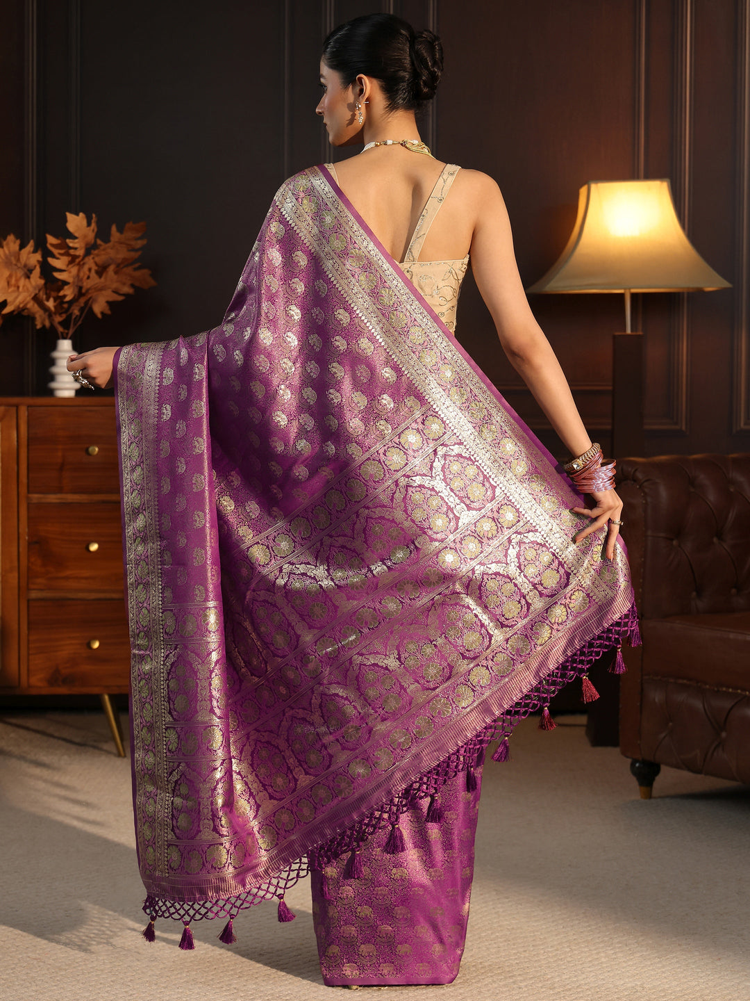  Libas Plum Purple Banarasi Silk Blend Tassel Saree 
