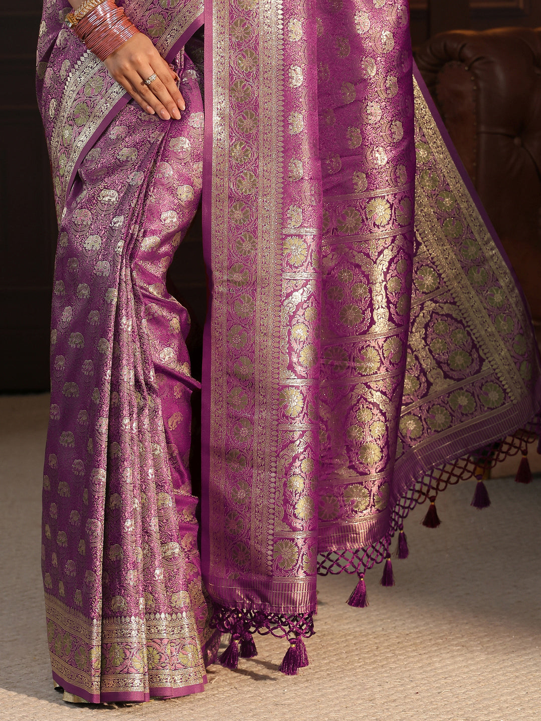  Libas Plum Purple Banarasi Silk Blend Tassel Saree 