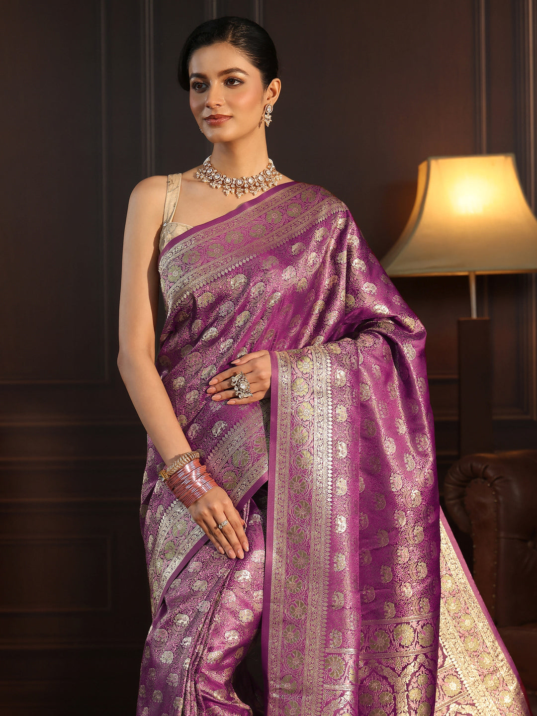  Libas Plum Purple Banarasi Silk Blend Tassel Saree 