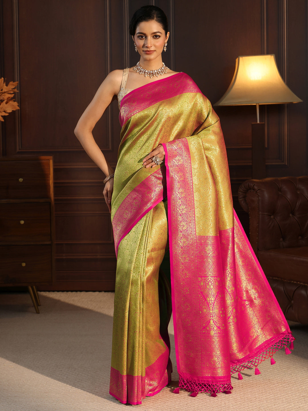  Libas Green and Pink Kanjeevaram Silk Blend Tassel Saree 