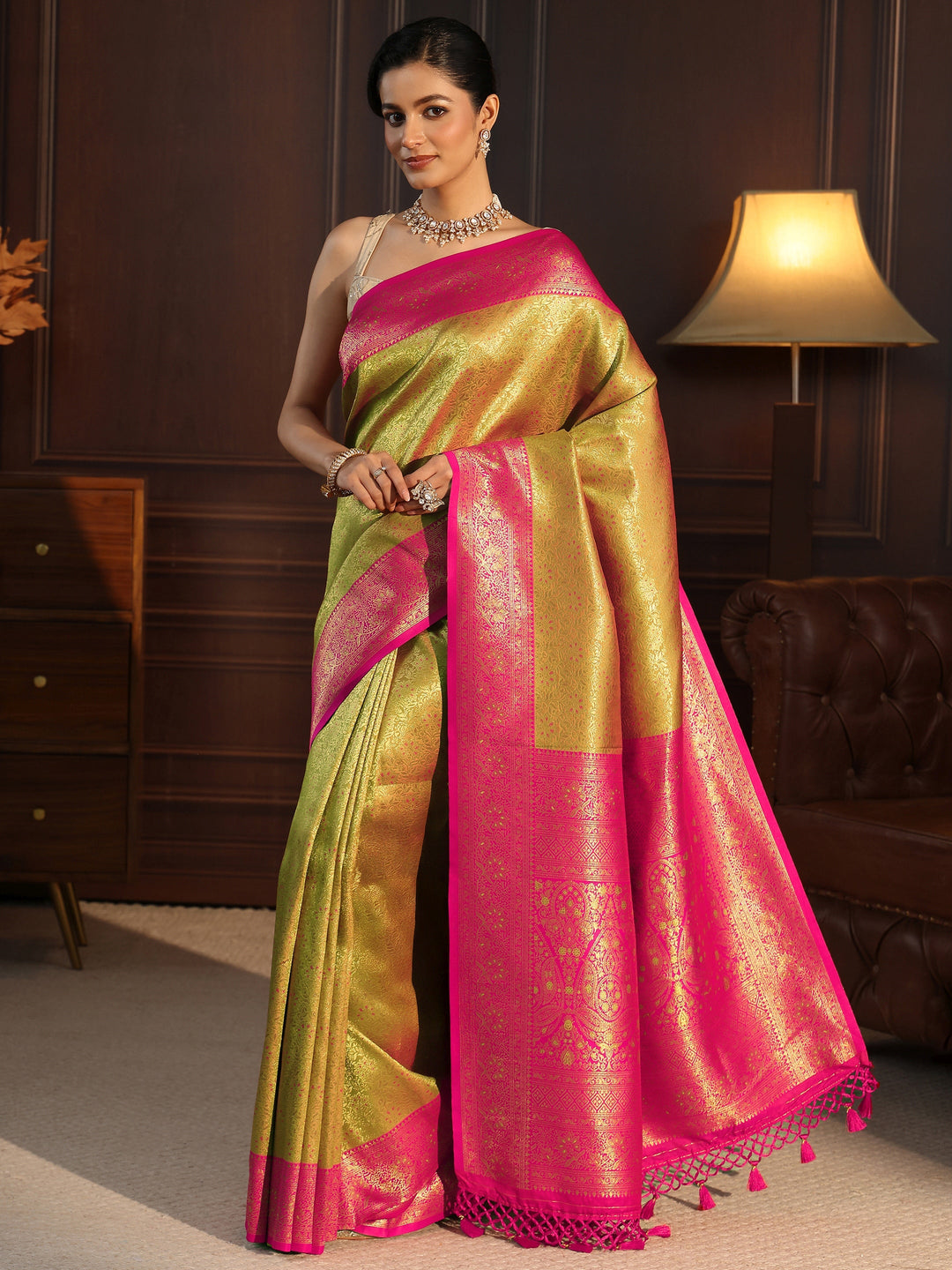  Libas Green and Pink Kanjeevaram Silk Blend Tassel Saree 