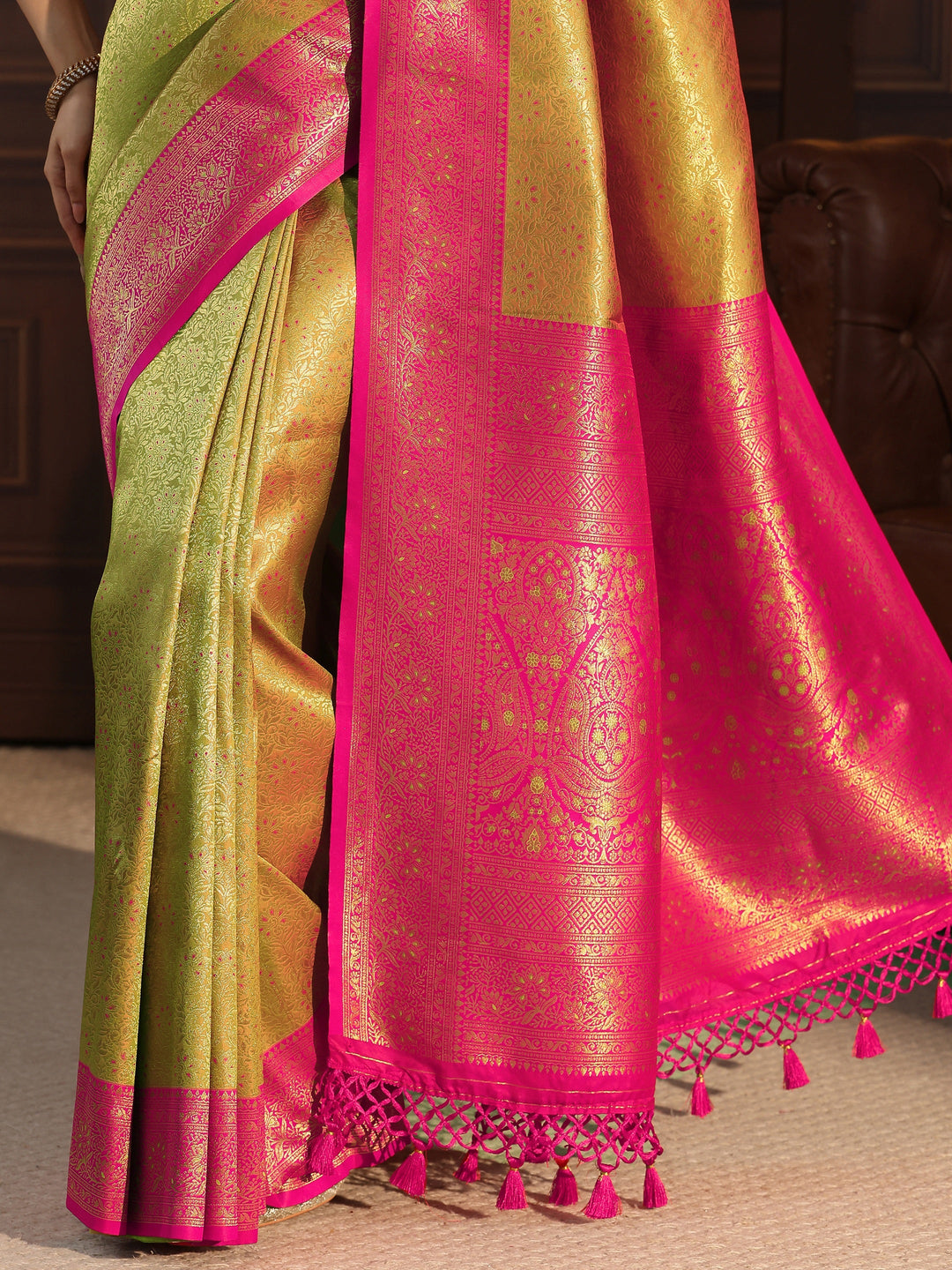  Libas Green and Pink Kanjeevaram Silk Blend Tassel Saree 