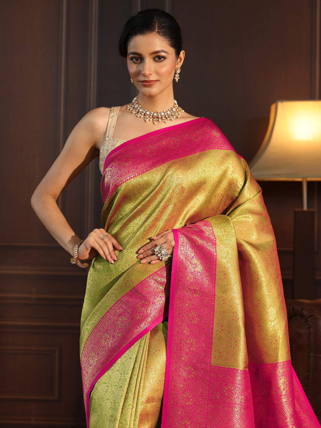  Libas Green and Pink Kanjeevaram Silk Blend Tassel Saree 