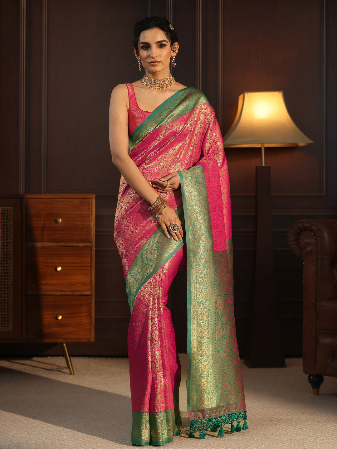  Libas Pink and Green Kanjeevaram Silk Blend Tassel Saree 
