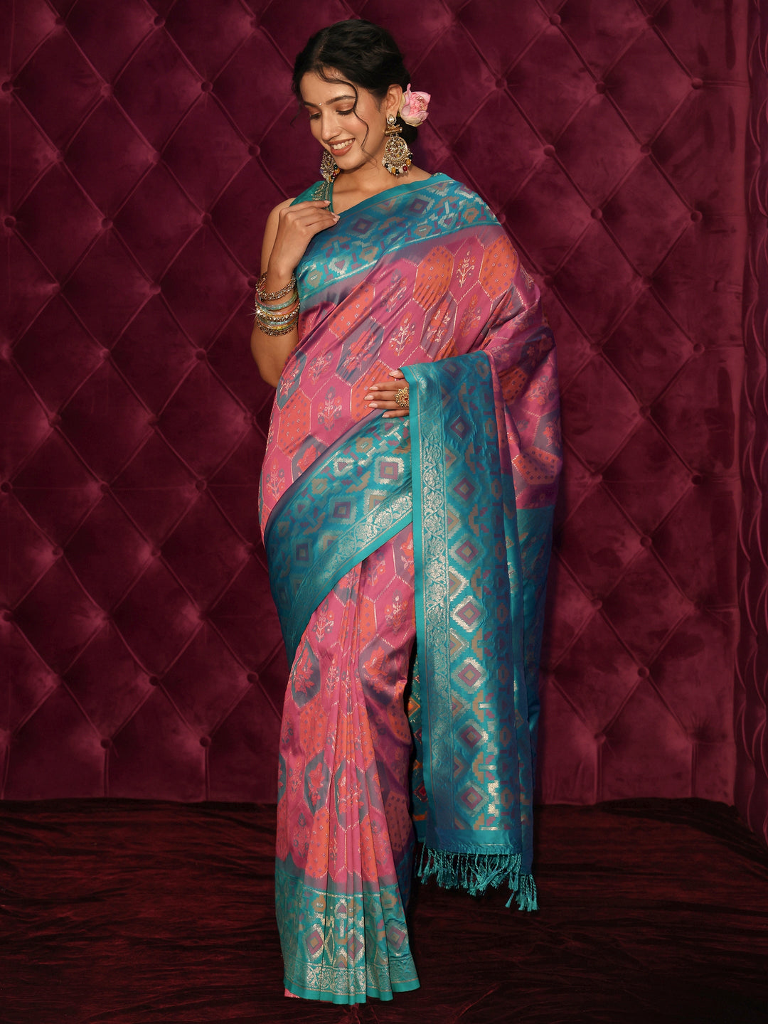  Libas Multicolour Ethnic Woven Design Silk Blend Tassel Saree 