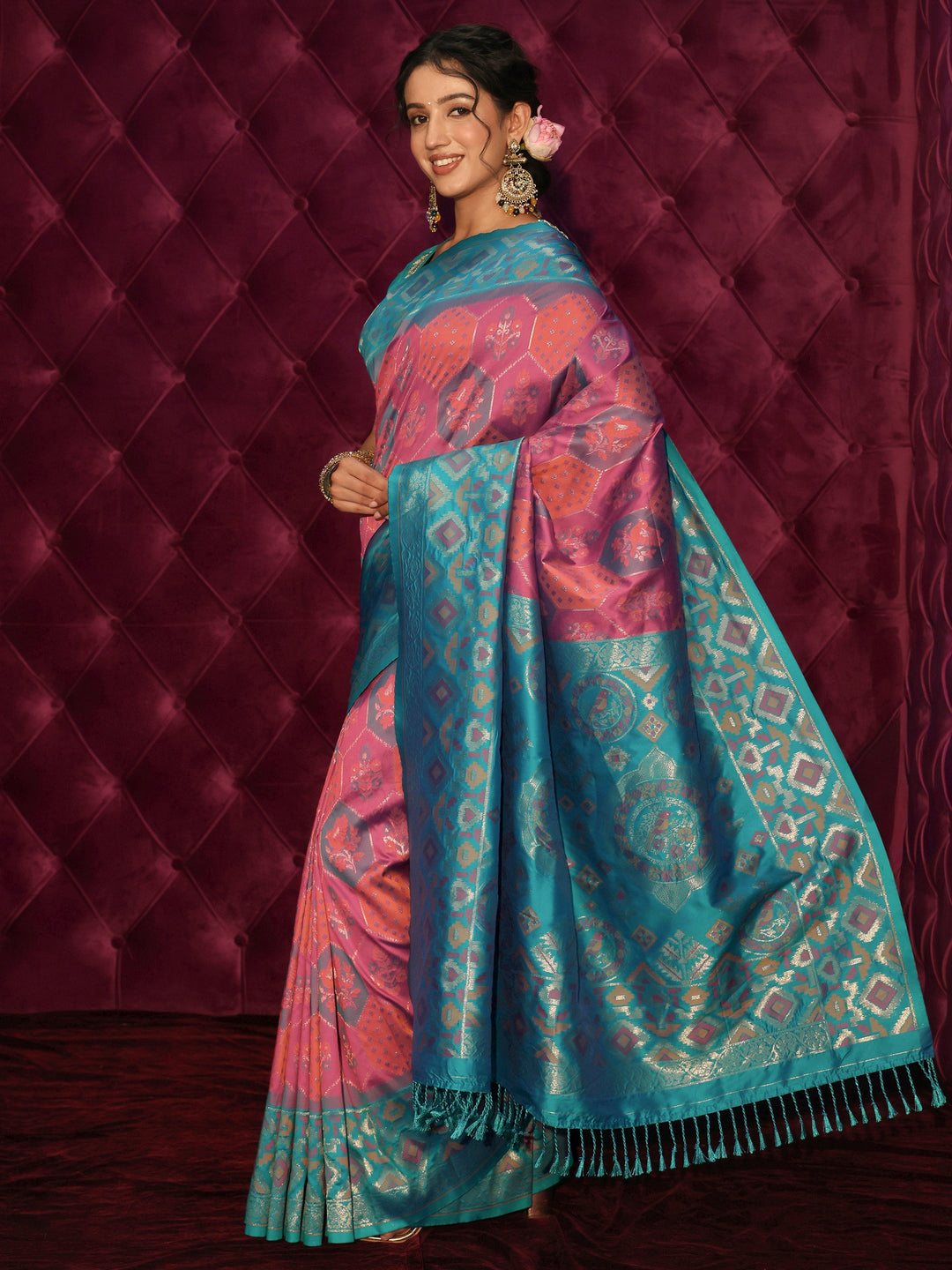  Libas Multicolour Ethnic Woven Design Silk Blend Tassel Saree 