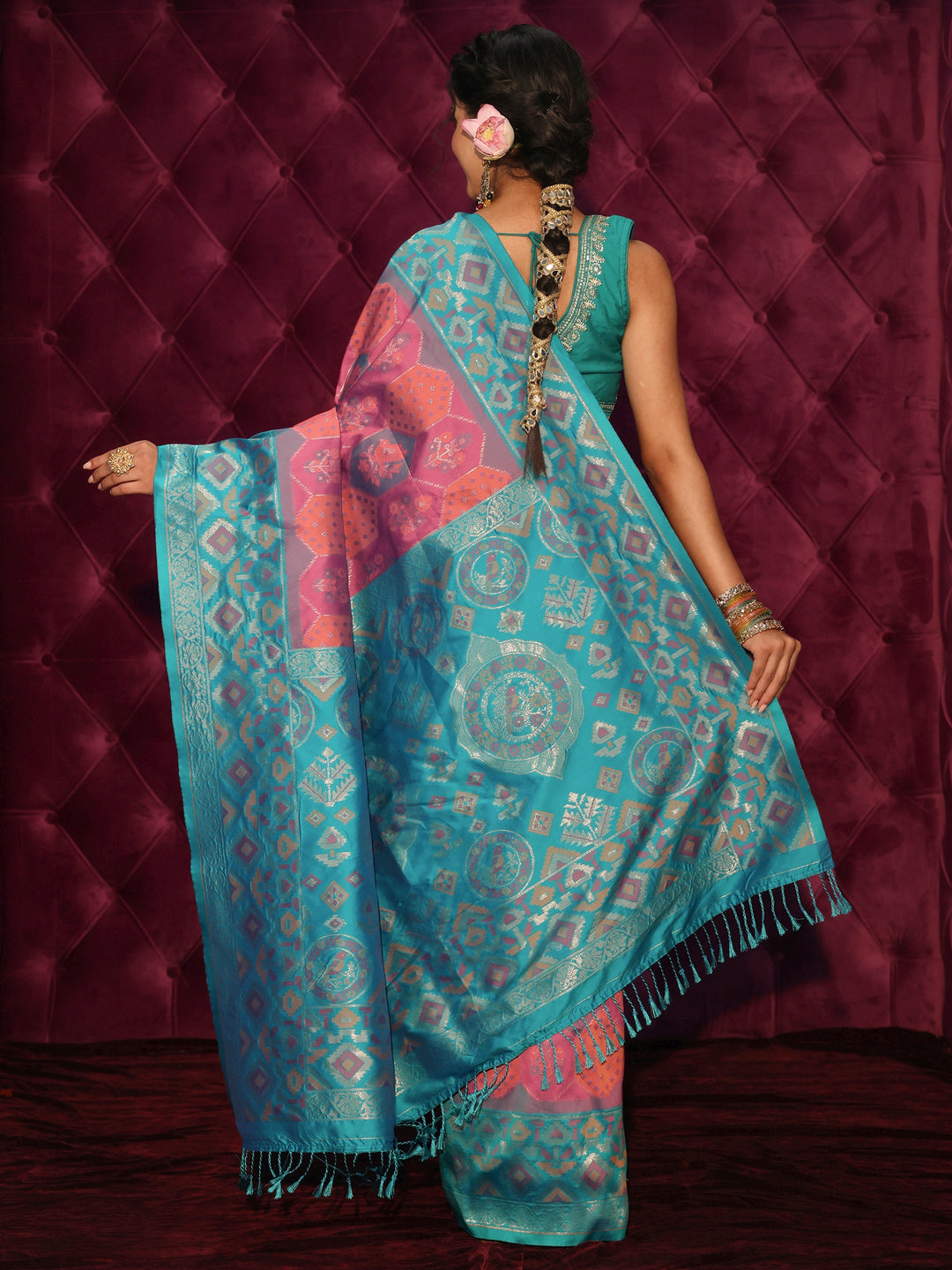  Libas Multicolour Ethnic Woven Design Silk Blend Tassel Saree 