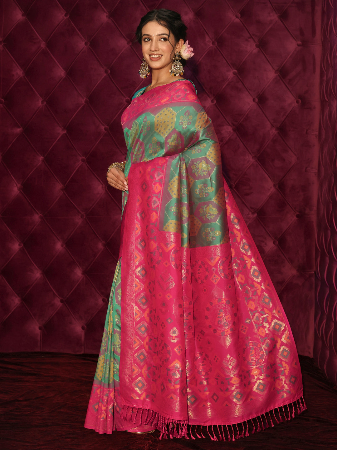  Libas Multicolour Ethnic Woven Design Silk Blend Tassel Saree 