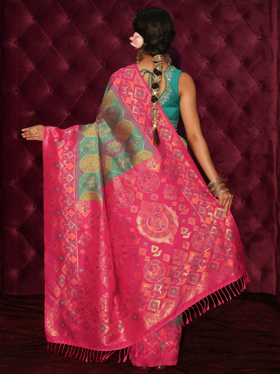  Libas Multicolour Ethnic Woven Design Silk Blend Tassel Saree 