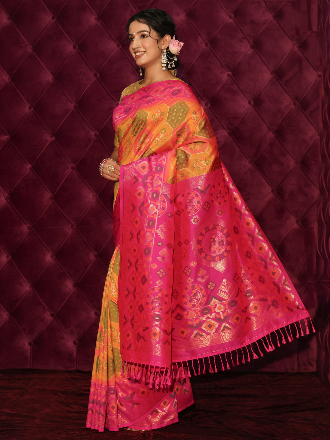  Libas Multicolour Ethnic Woven Design Silk Blend Tassel Saree 