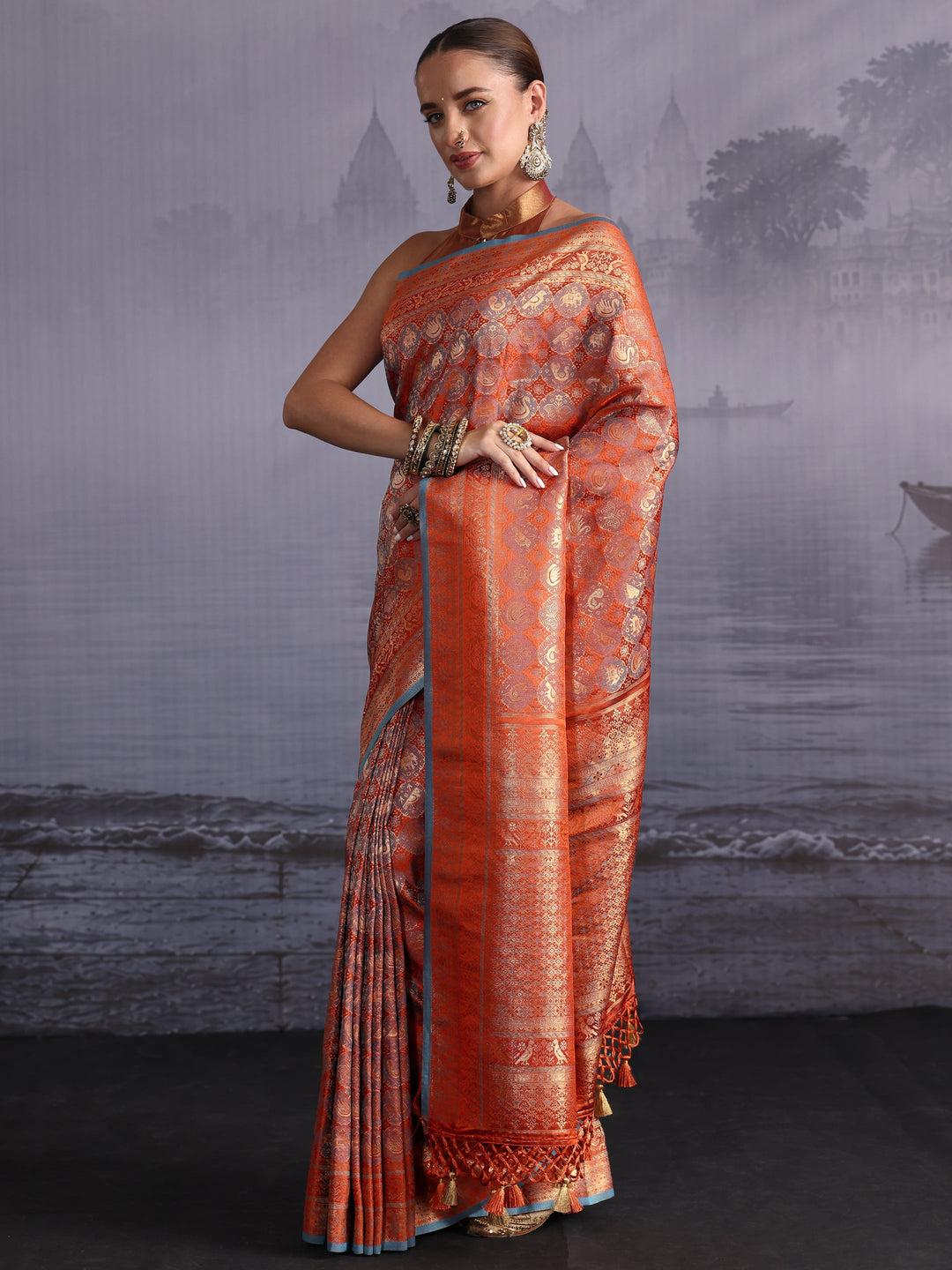  Libas Art Rust Orange Woven Design Silk Blend Saree 