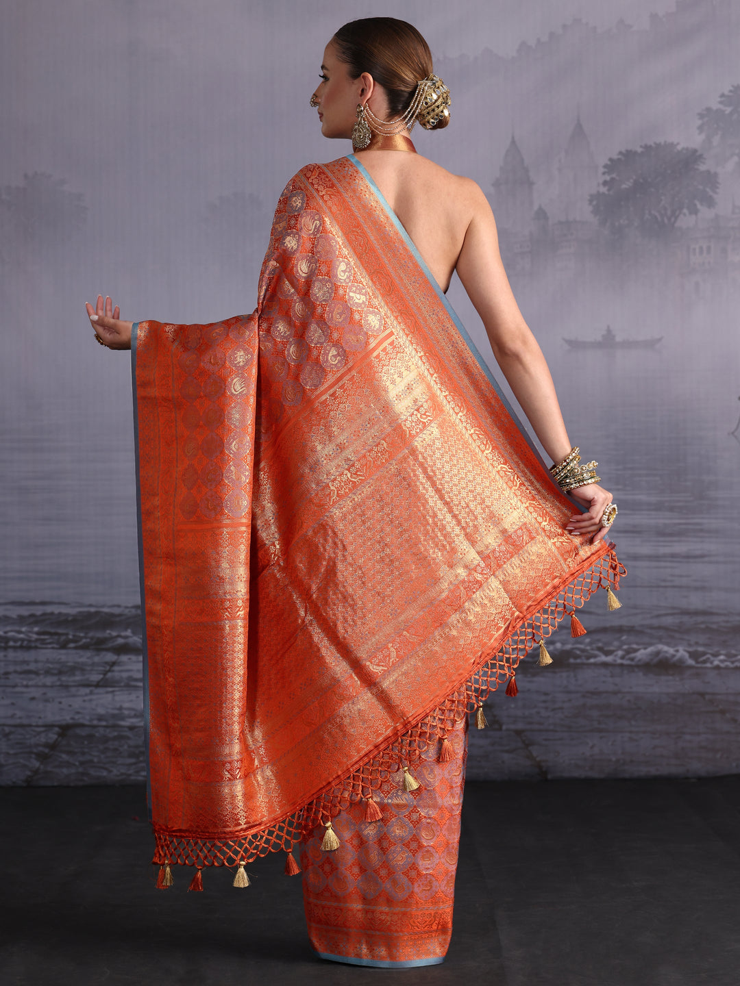  Libas Art Rust Orange Woven Design Silk Blend Saree 