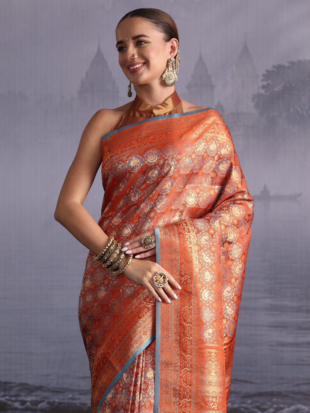  Libas Art Rust Orange Woven Design Silk Blend Saree 