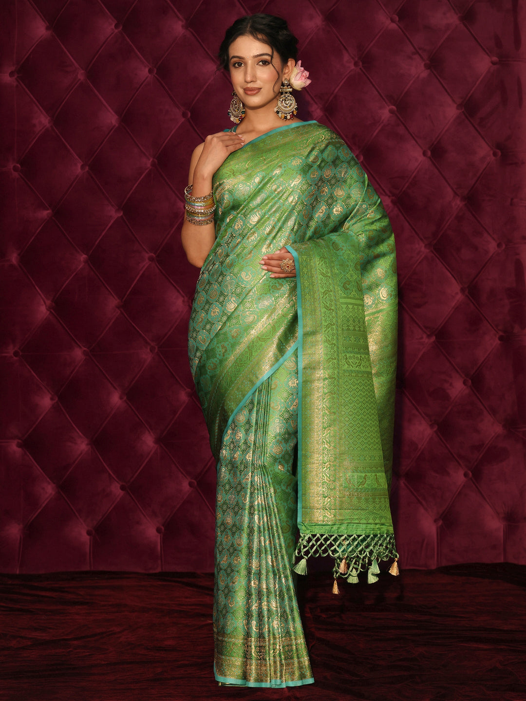  Libas Art Green Patola Style Woven Design Silk Blend Tassel Saree 