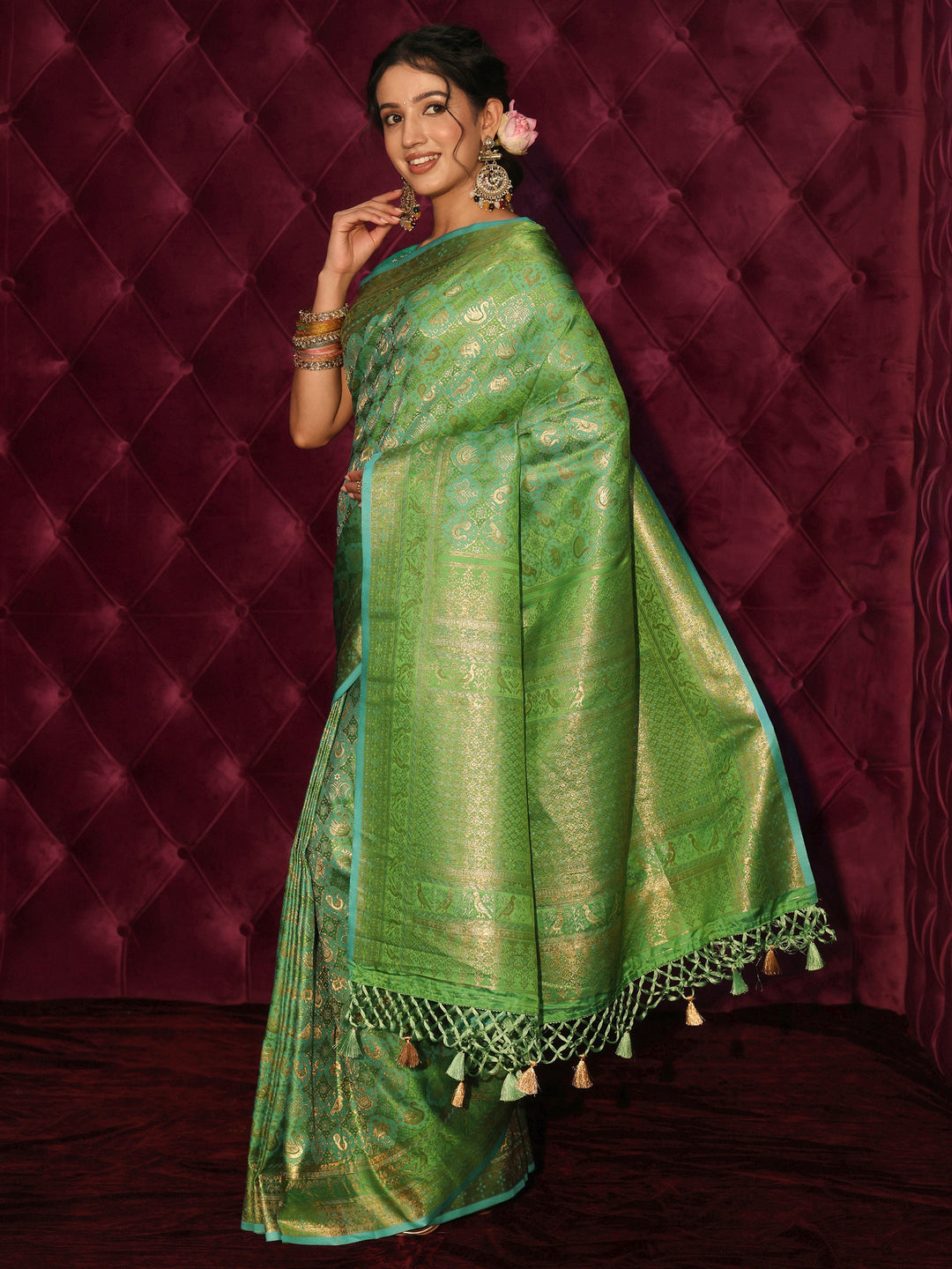  Libas Art Green Patola Style Woven Design Silk Blend Tassel Saree 