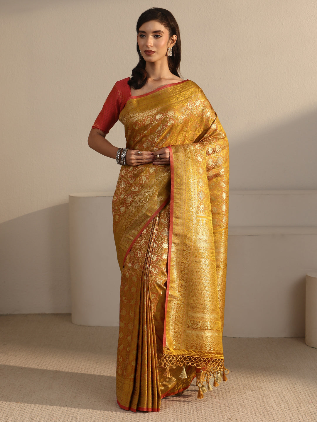  Libas Art Mustard Patola Woven Design Silk Blend Tassel Saree 