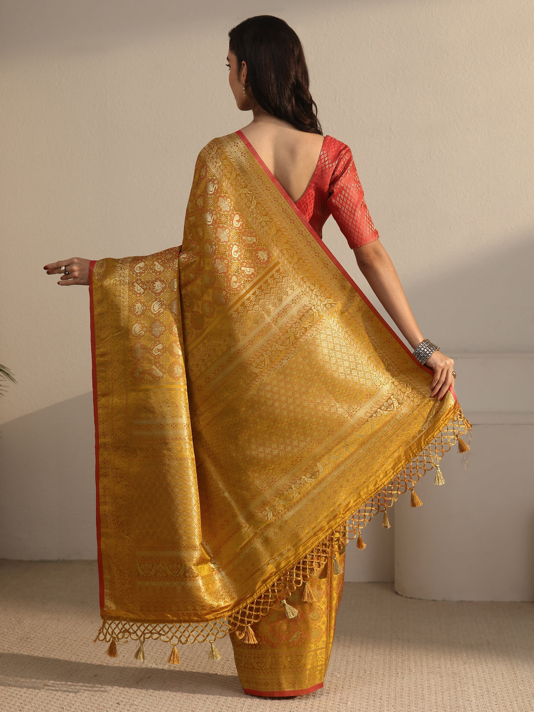  Libas Art Mustard Patola Woven Design Silk Blend Tassel Saree 
