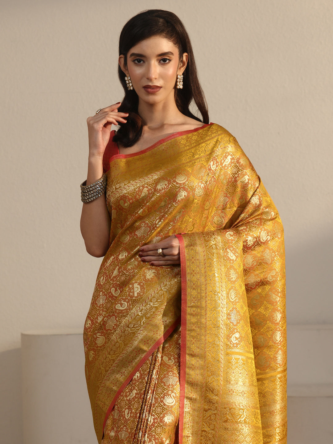  Libas Art Mustard Patola Woven Design Silk Blend Tassel Saree 