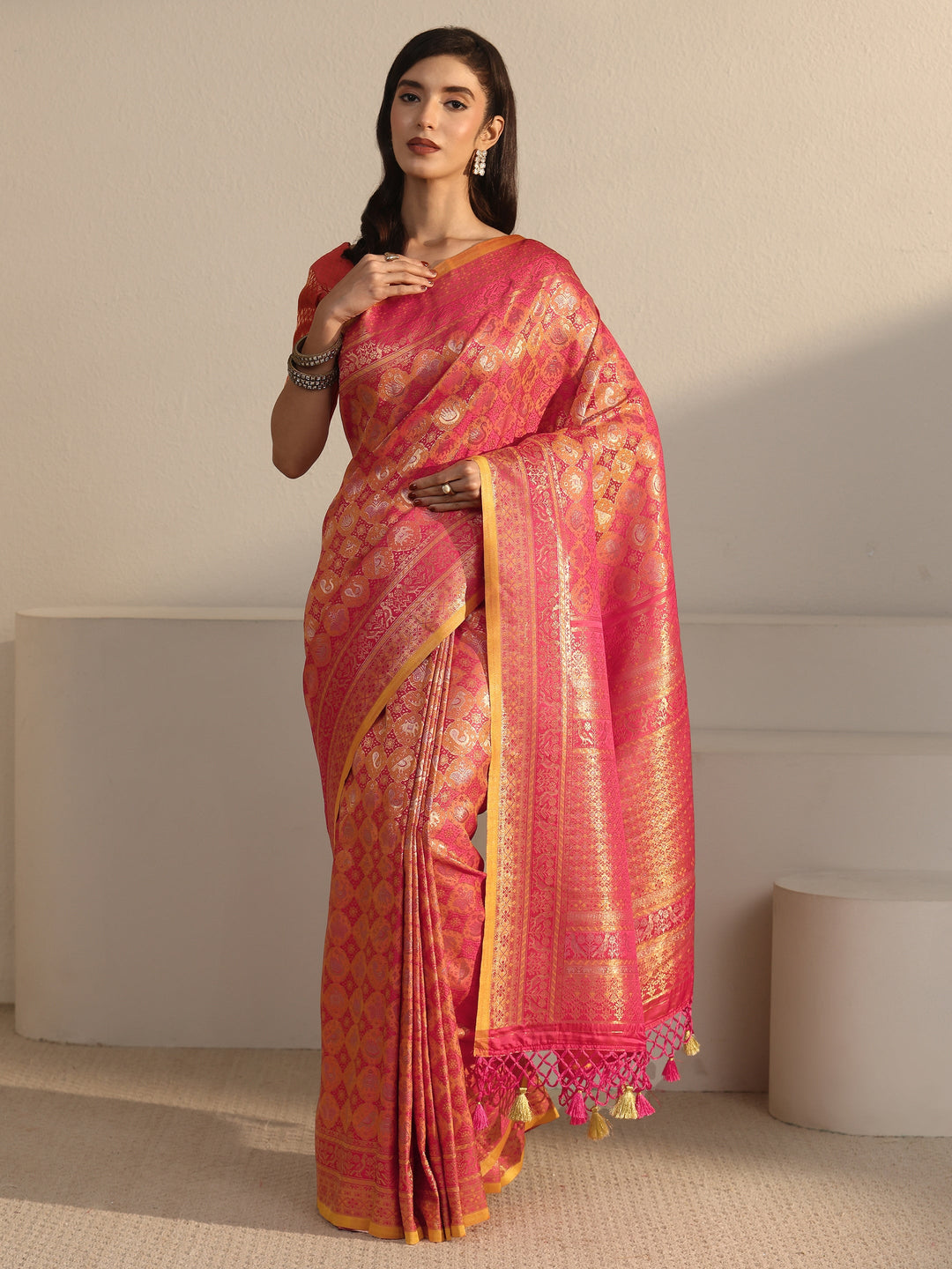  Libas Art Pink Patola Woven Design Silk Blend Tassel Saree 