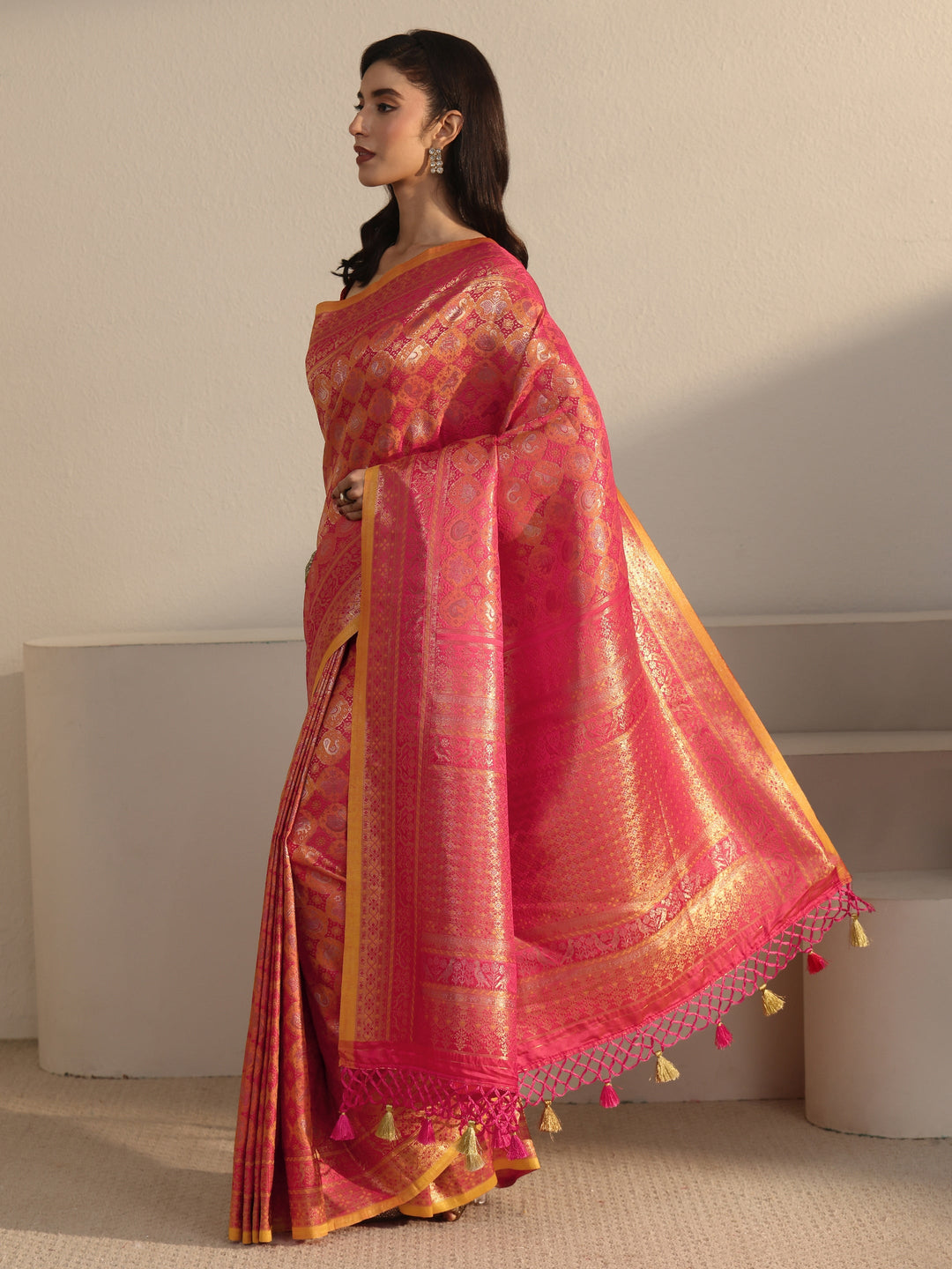  Libas Art Pink Patola Woven Design Silk Blend Tassel Saree 