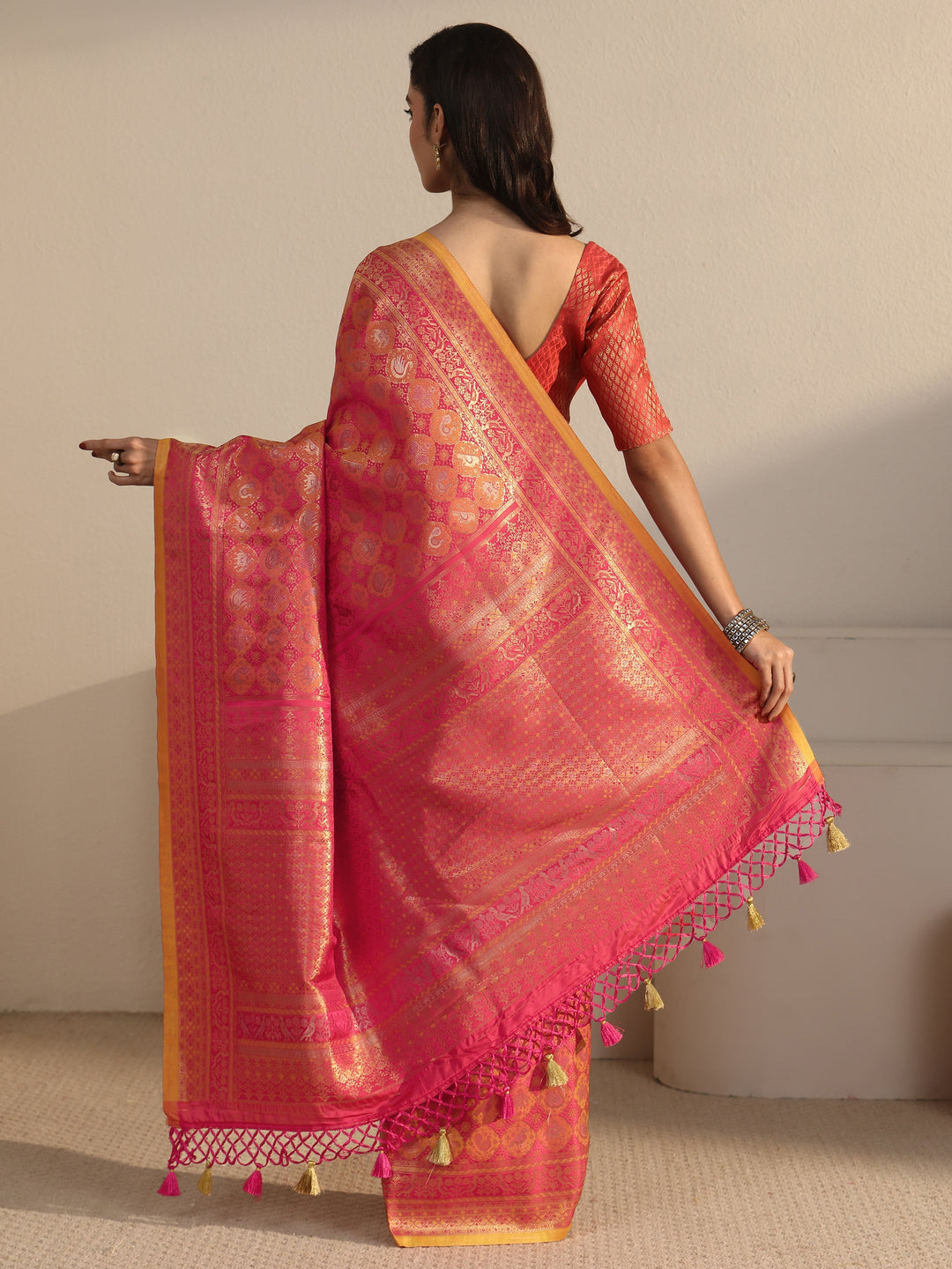  Libas Art Pink Patola Woven Design Silk Blend Tassel Saree 