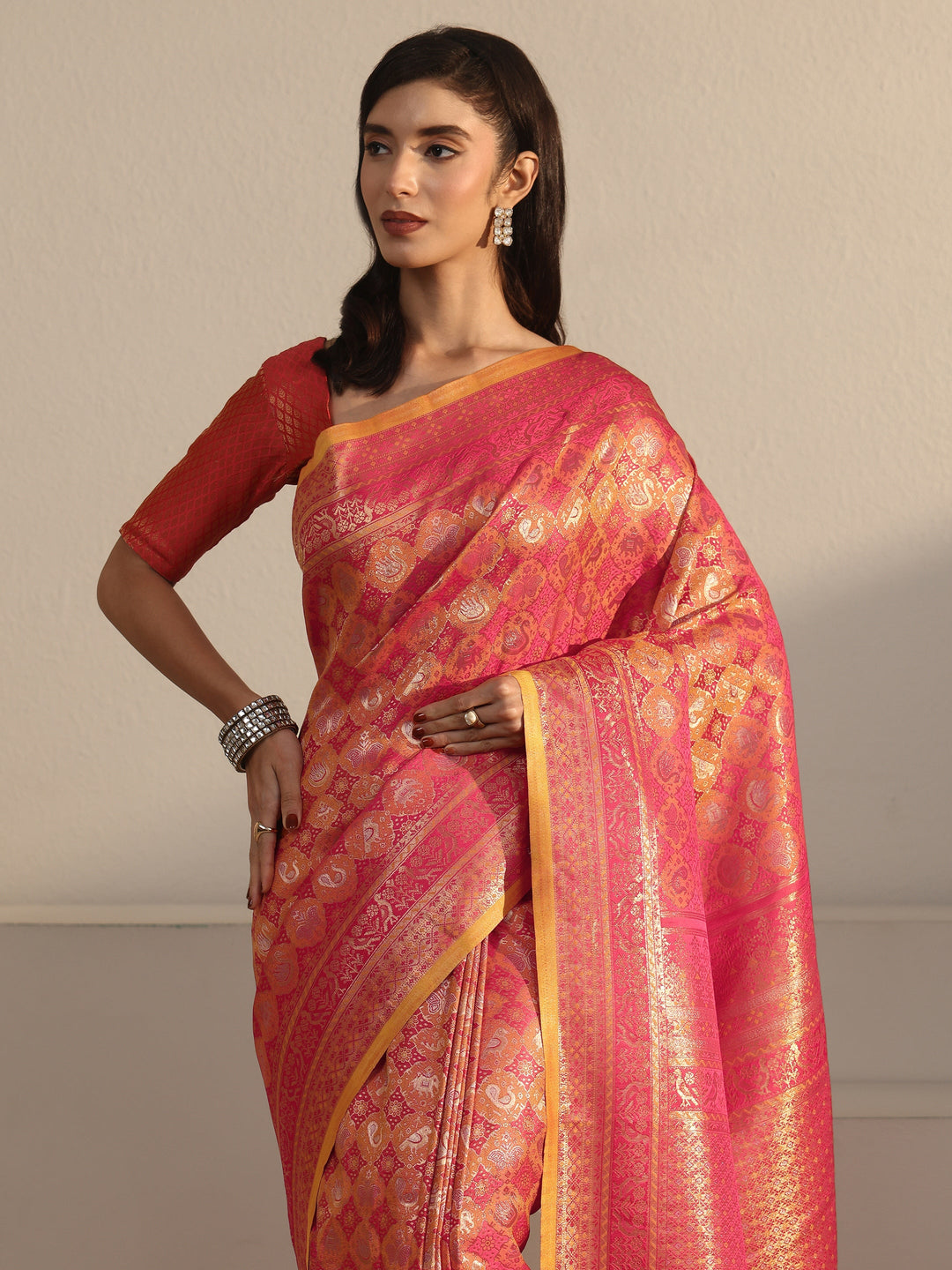  Libas Art Pink Patola Woven Design Silk Blend Tassel Saree 