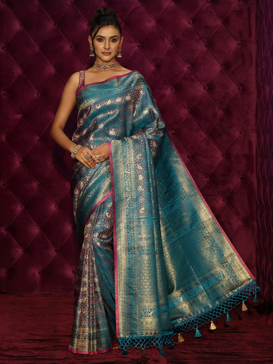  Libas Art Blue Woven Design Silk Blend Tassel Saree 