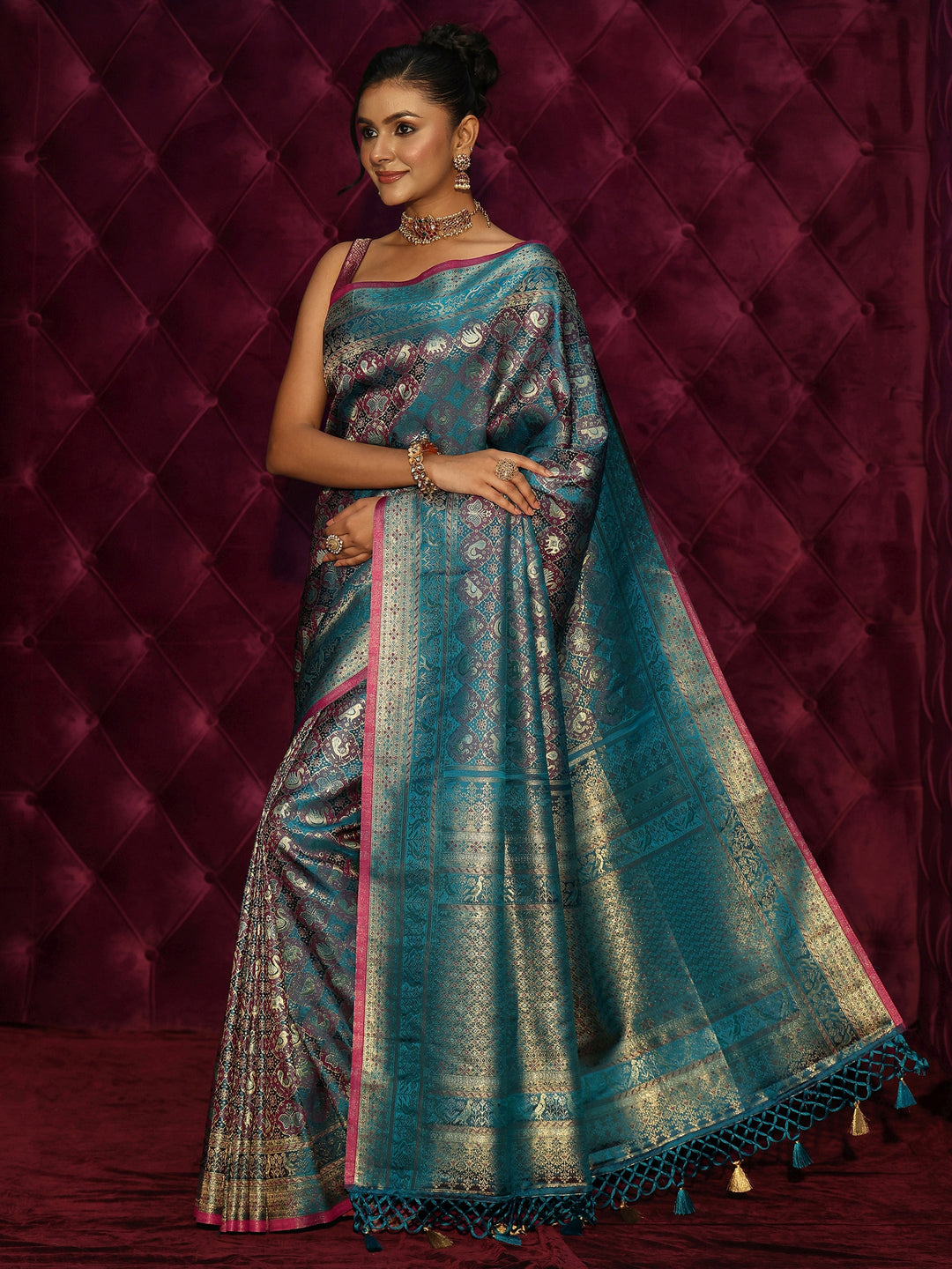  Libas Art Blue Woven Design Silk Blend Tassel Saree 
